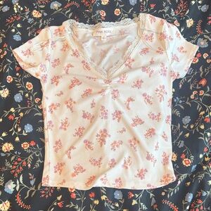 Pink Rose Floral V-Neck Top with Lace